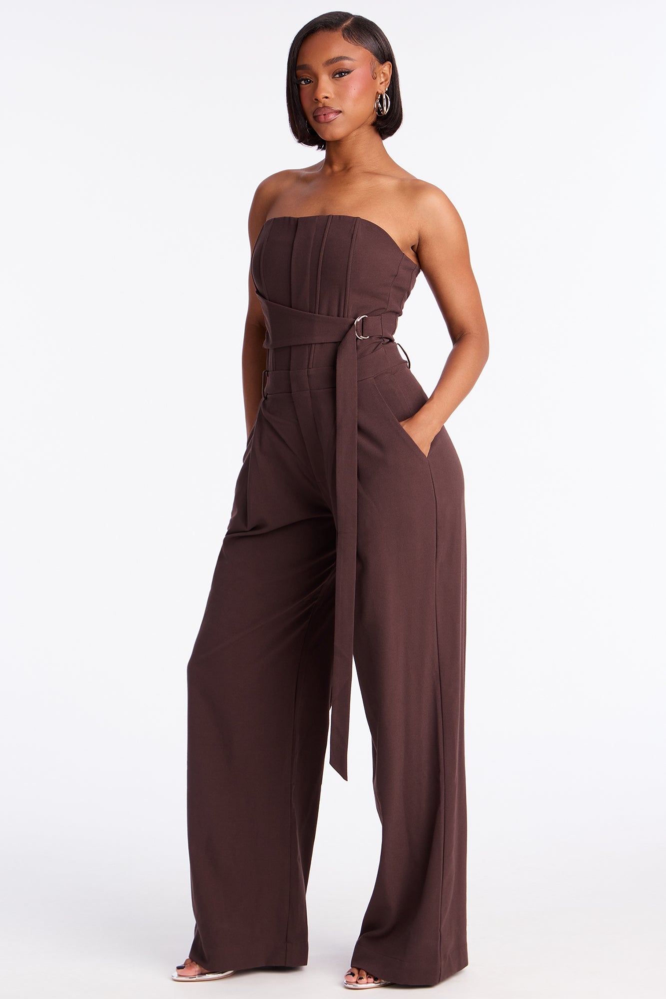 Late For Work Wide Leg Jumpsuit - Chocolate