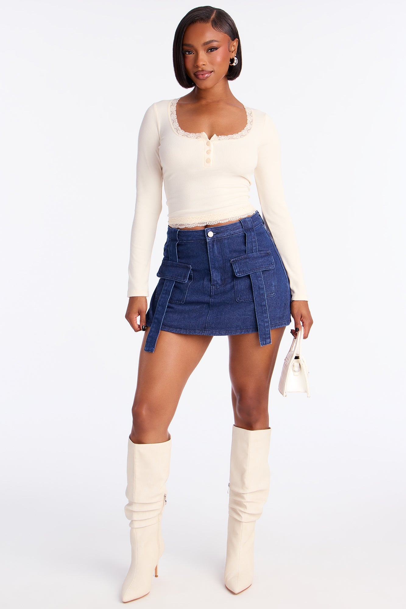 Mila Ribbed Lace Long Sleeve Henley Top - Off White