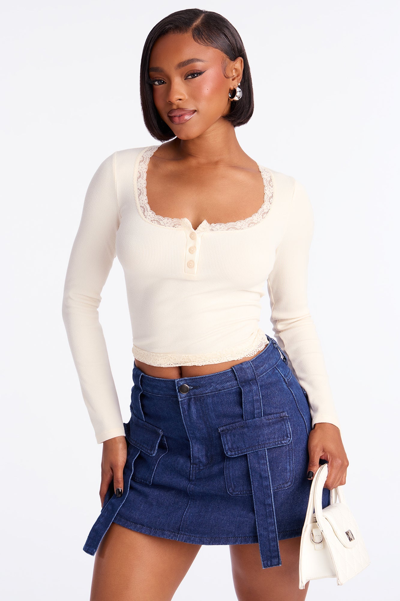 Mila Ribbed Lace Long Sleeve Henley Top - Off White