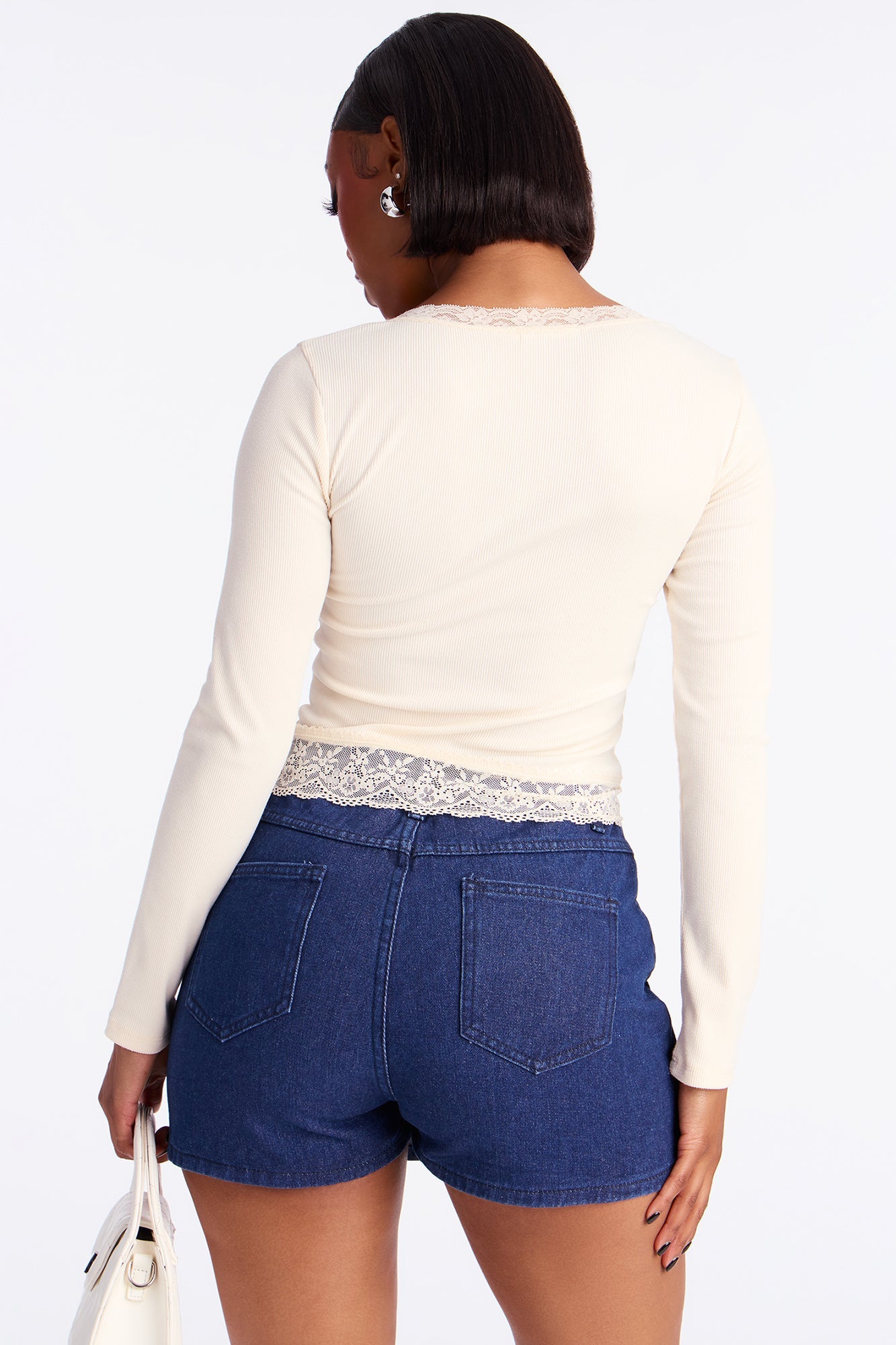 Mila Ribbed Lace Long Sleeve Henley Top - Off White