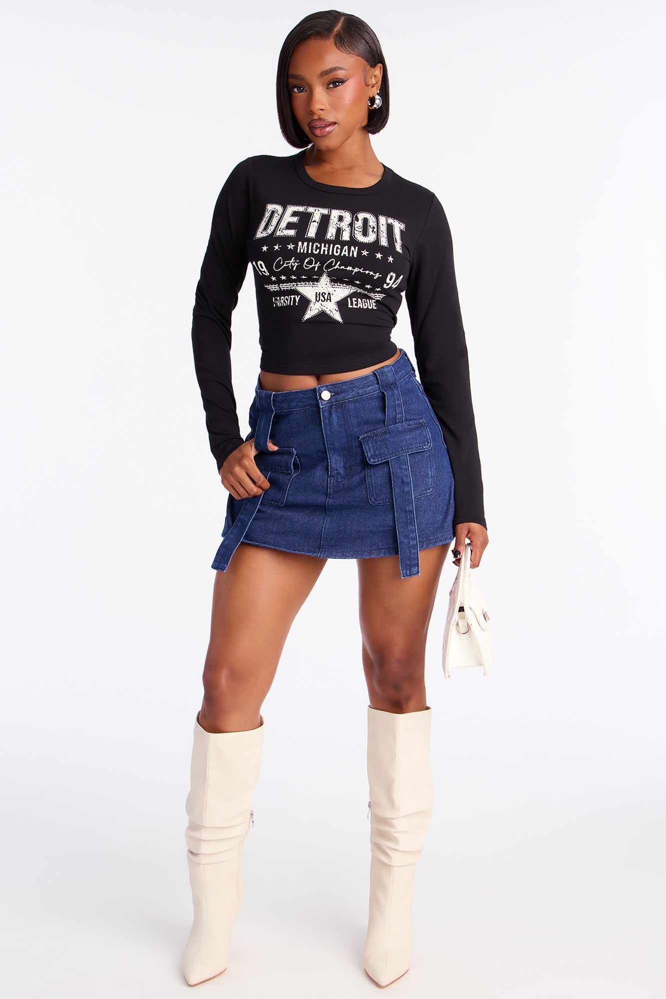 Detroit Long Sleeve Fitted Baby Tee - Black