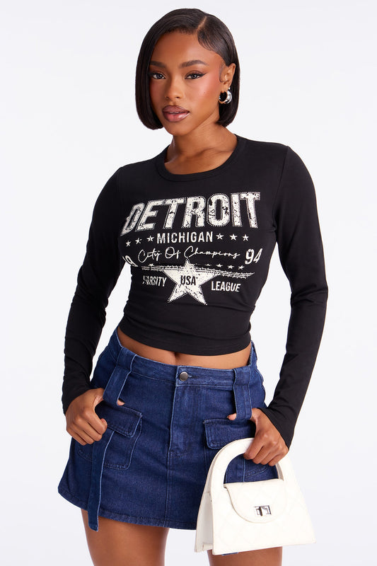 Detroit Long Sleeve Fitted Baby Tee - Black
