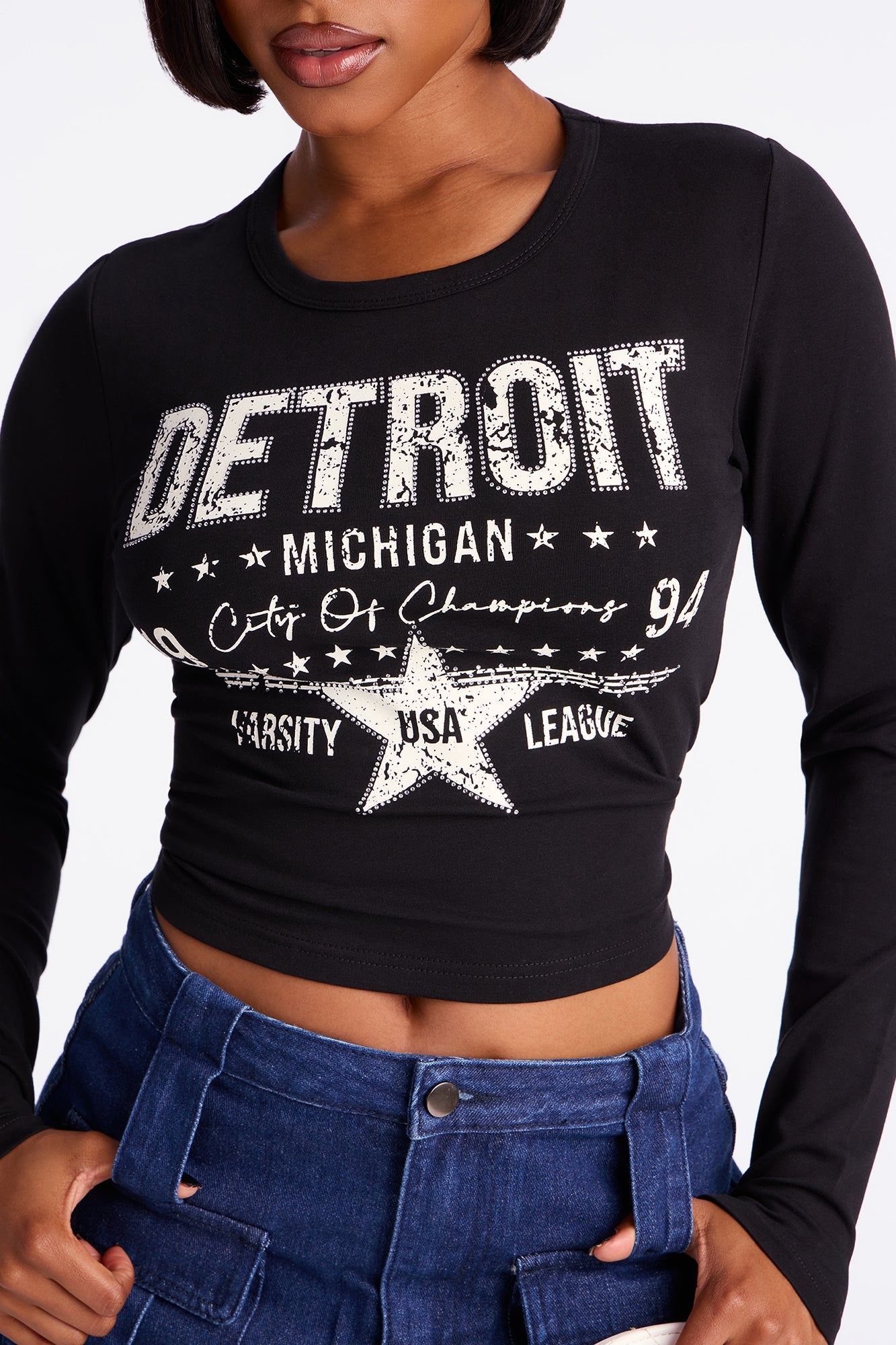 Detroit Long Sleeve Fitted Baby Tee - Black
