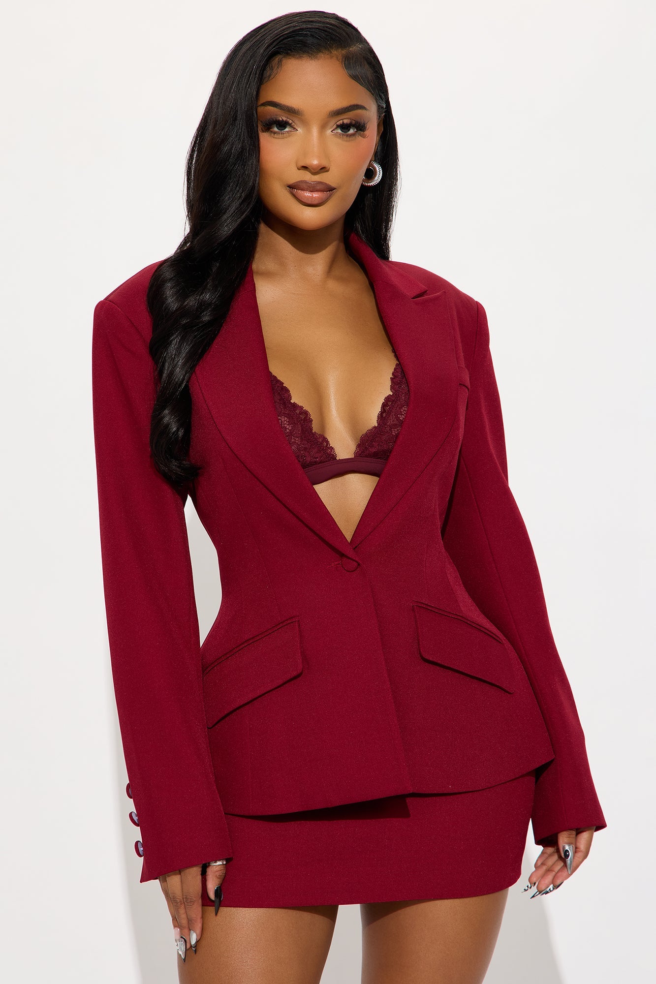 Femme Fatale Blazer Mini Skirt Set - Burgundy