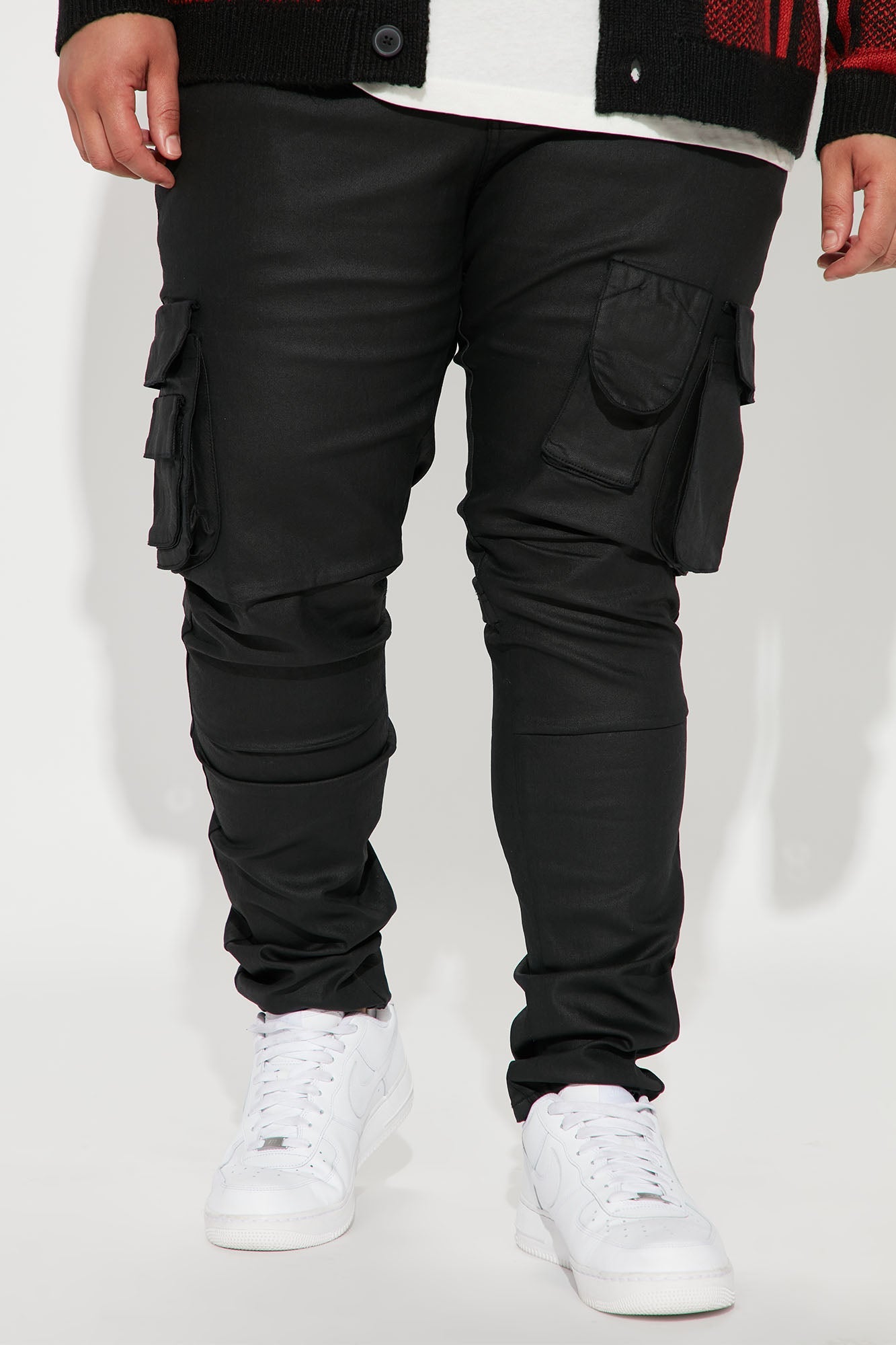 Flap Pockets Waxed Stacked Skinny Cargo Jeans - Black