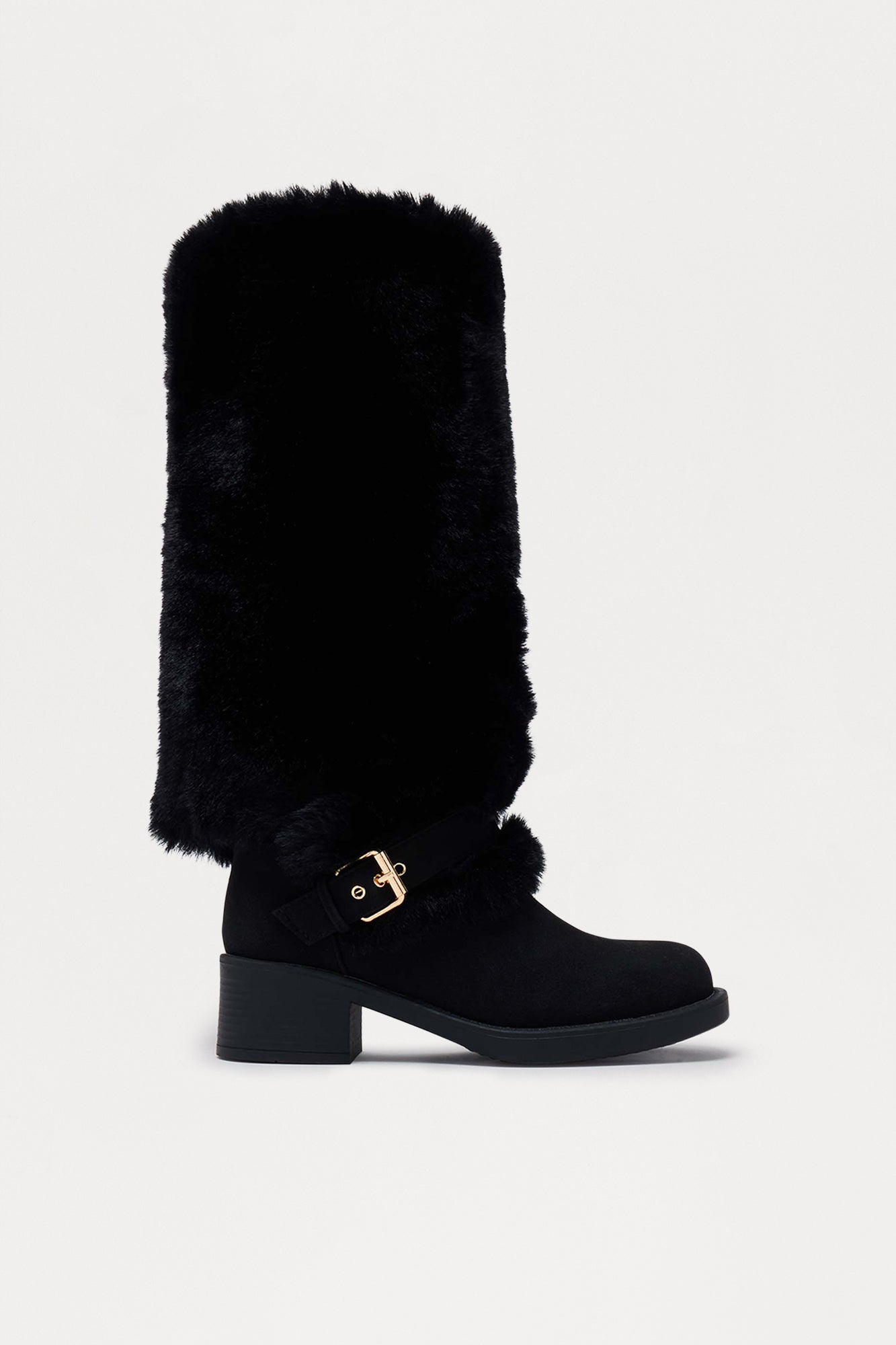 Indira Buckle Faux Fur Boots - Black