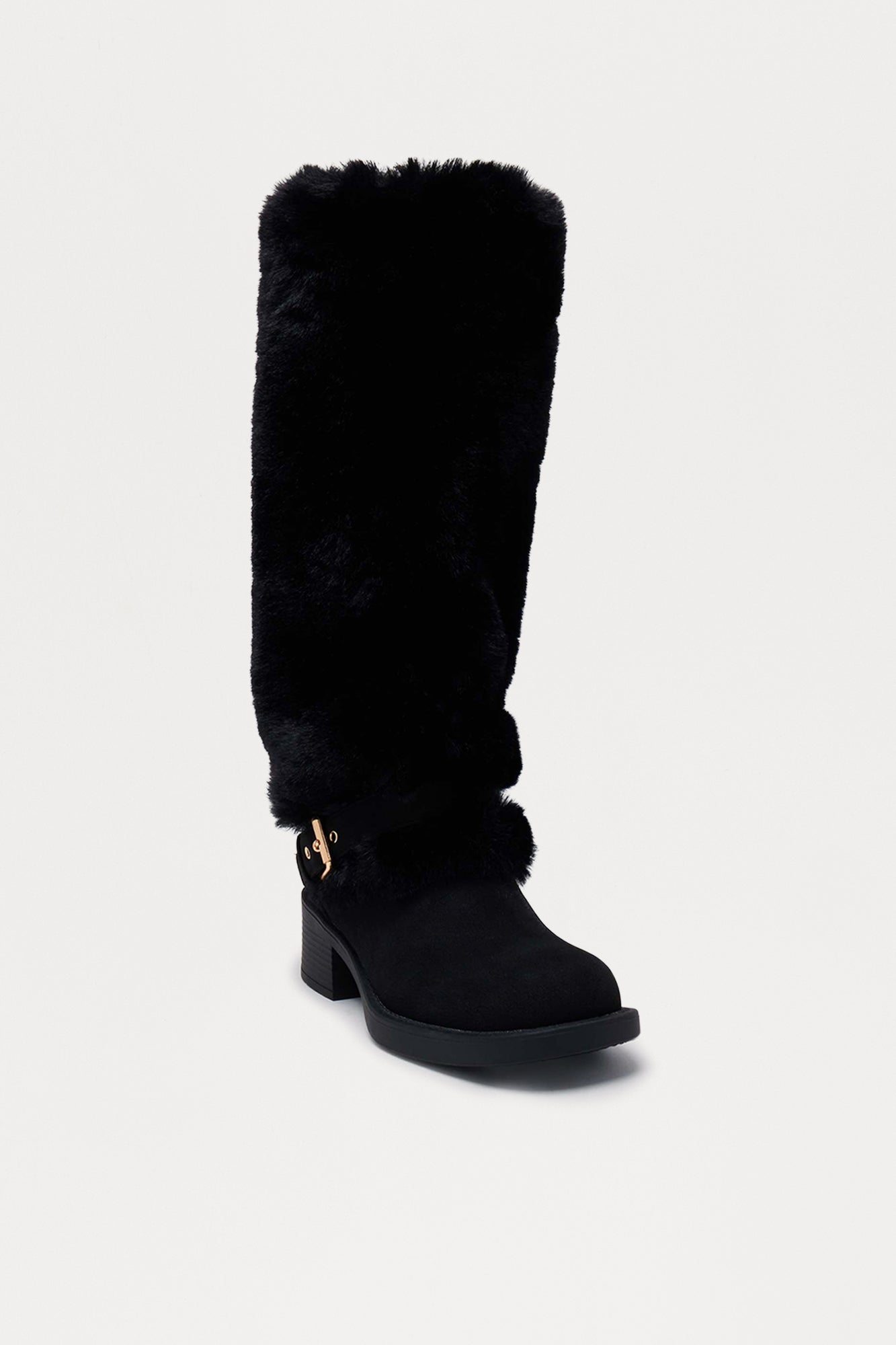Indira Buckle Faux Fur Boots - Black