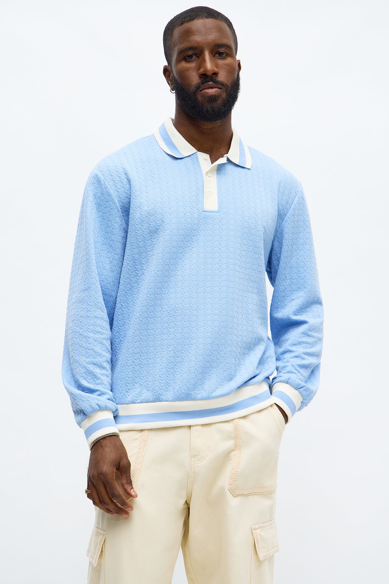 Andrew Textured Knit Long Sleeve Polo - Light Blue