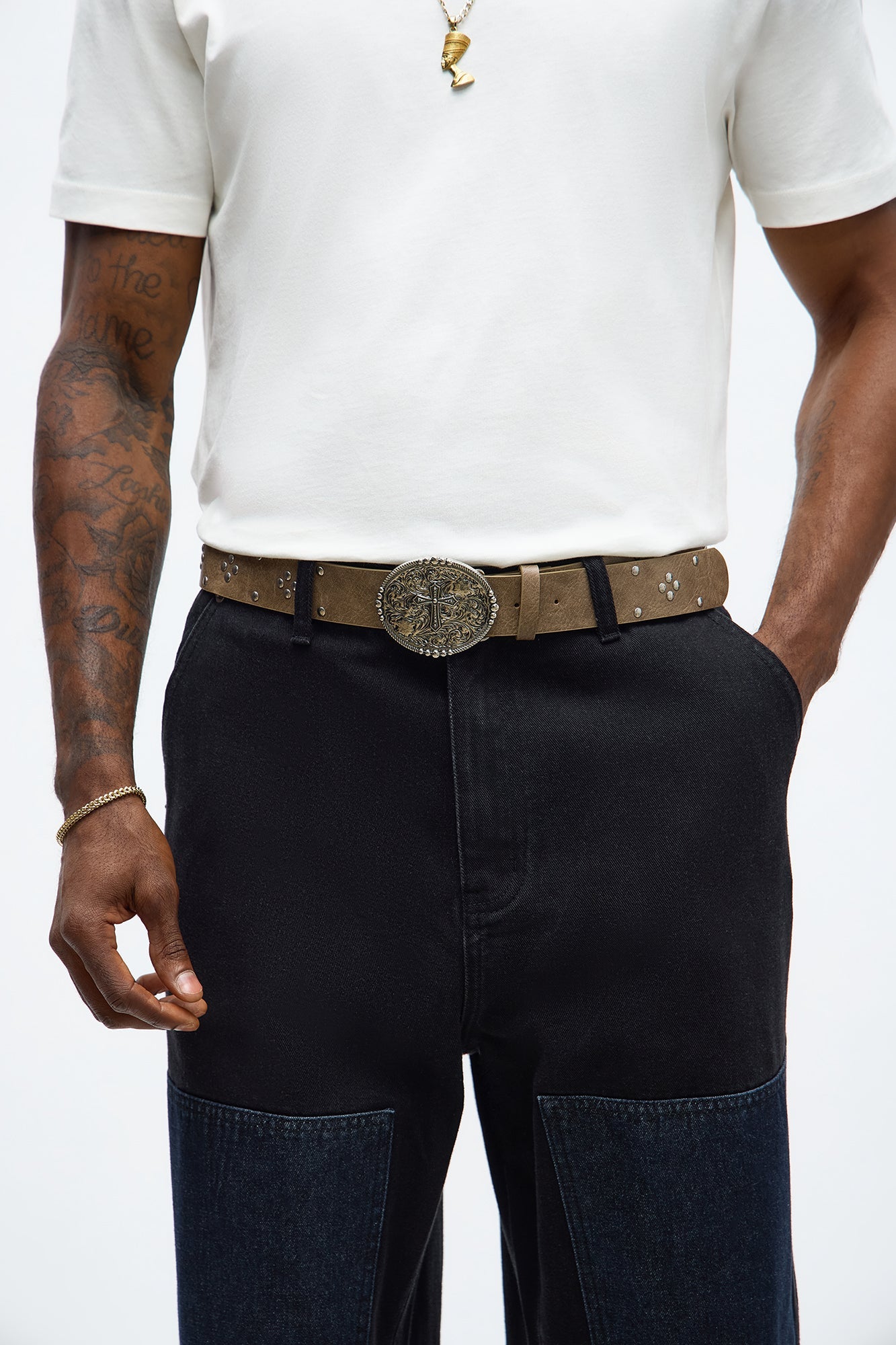 Cross Buckle Studded Faux Leather Belt - Taupe