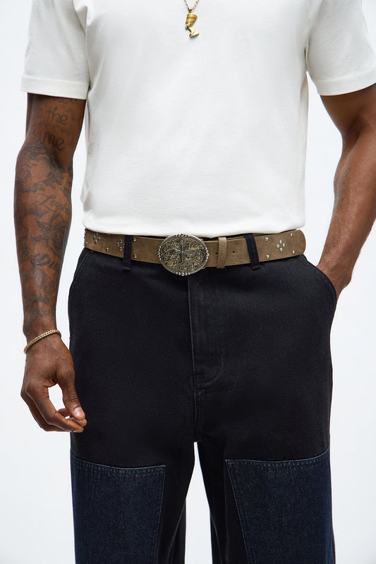 Cross Buckle Studded Faux Leather Belt - Taupe