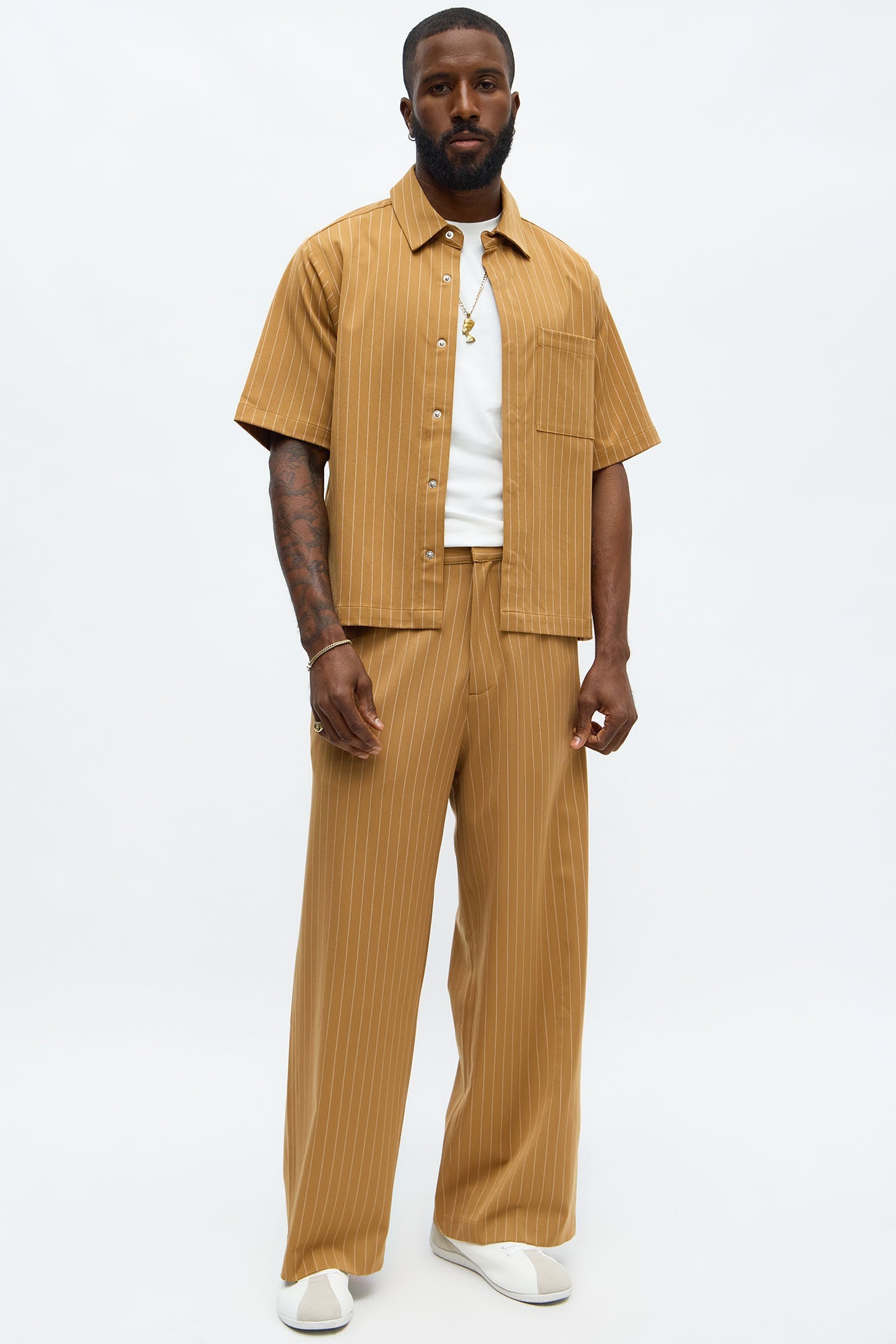 Cropped Short Sleeve Straight Striped Button Up Shirt - Yellow