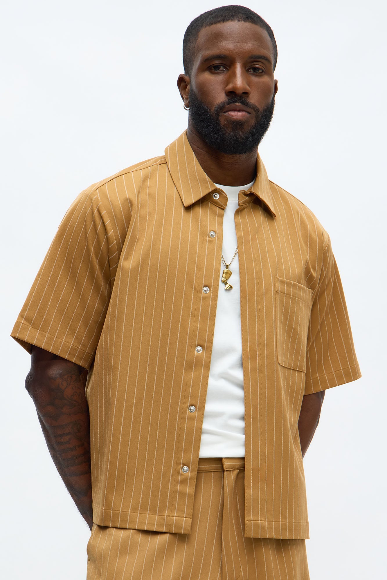Cropped Short Sleeve Straight Striped Button Up Shirt - Yellow