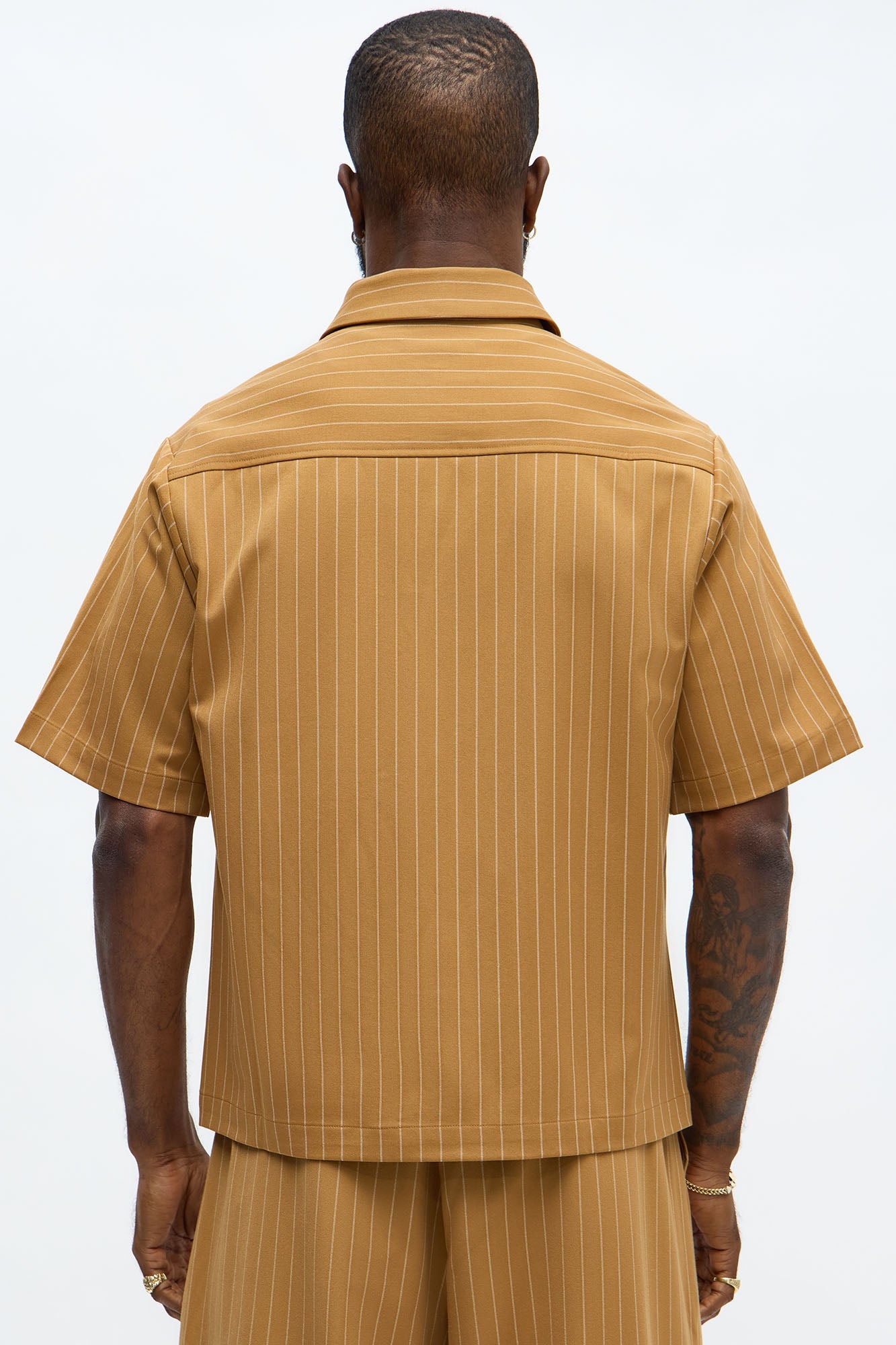 Cropped Short Sleeve Straight Striped Button Up Shirt - Yellow