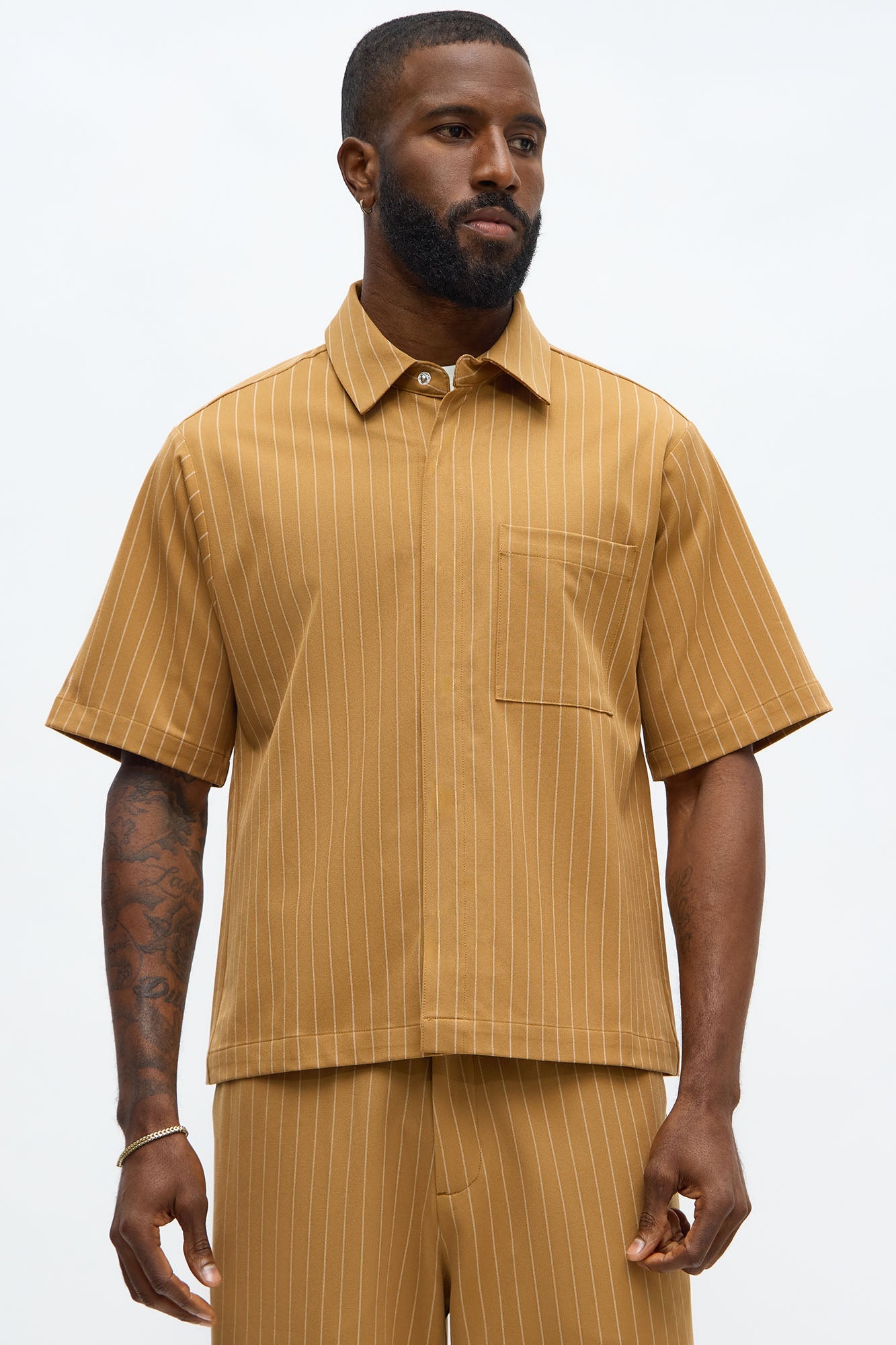 Cropped Short Sleeve Straight Striped Button Up Shirt - Yellow