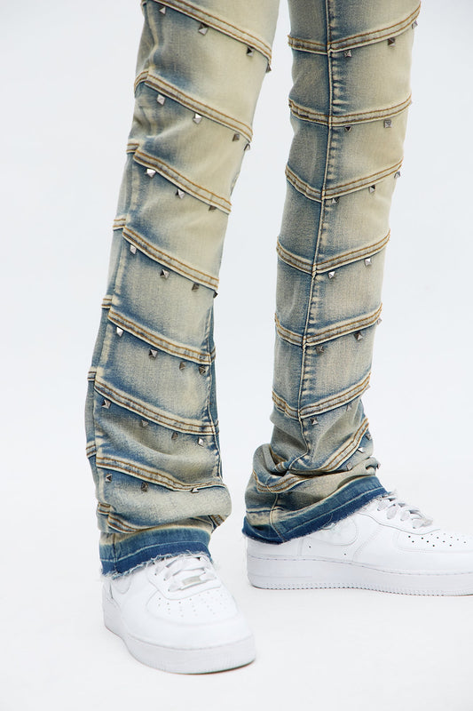 Stacked Skinny Flare Studded On Panels Jean - Vintage Blue Wash