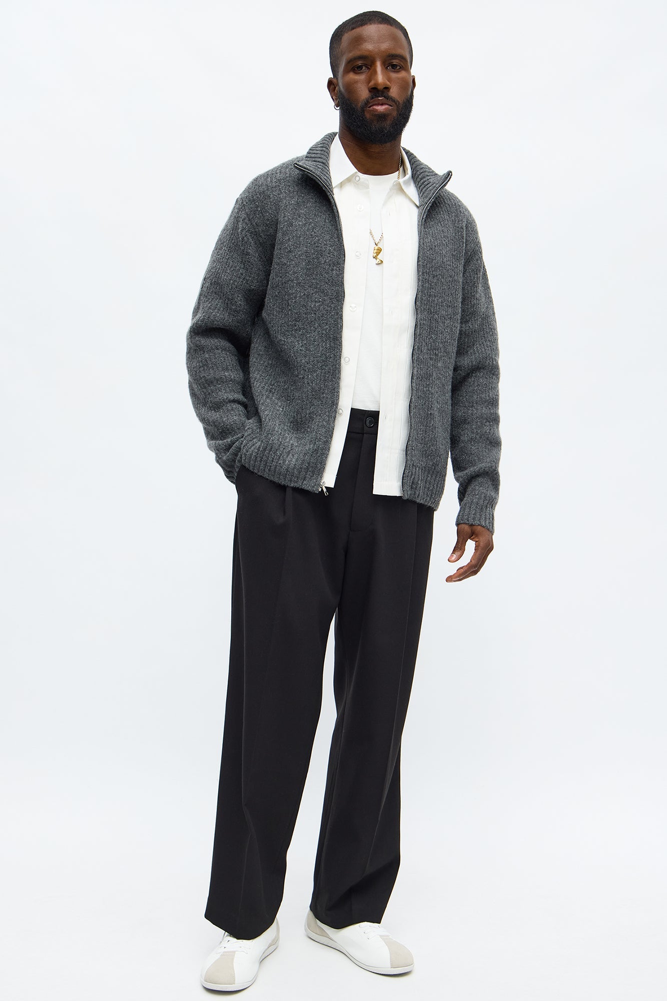 Oversized Willow Ribbed Zip Up Sweater - Light Grey