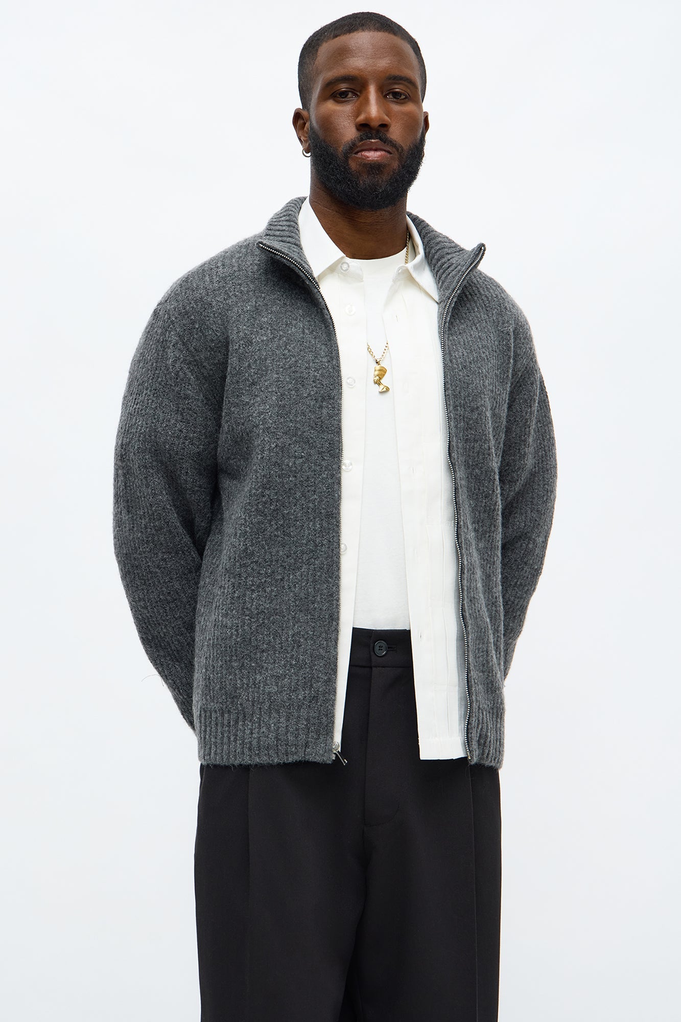 Oversized Willow Ribbed Zip Up Sweater - Light Grey