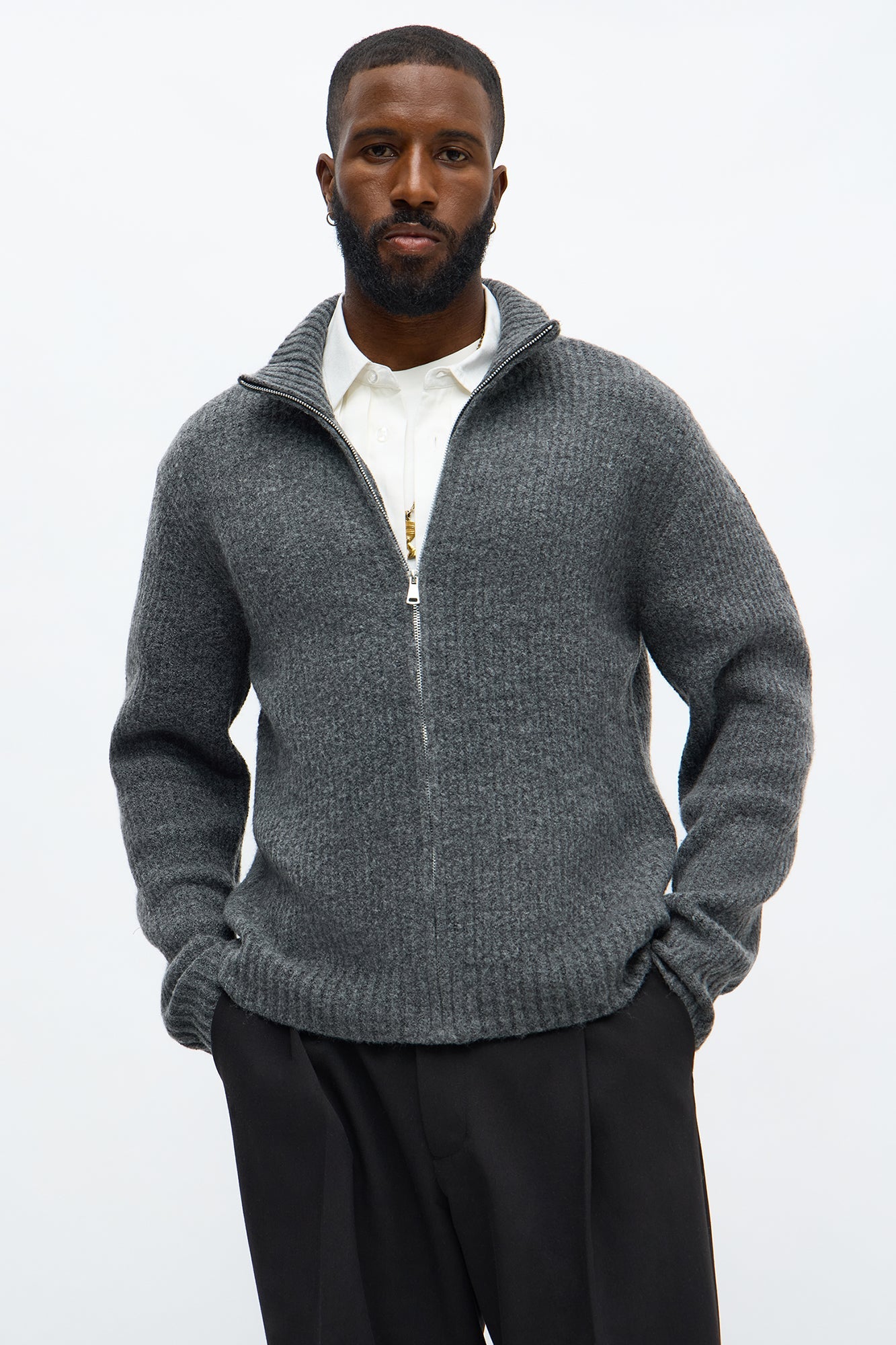 Oversized Willow Ribbed Zip Up Sweater - Light Grey
