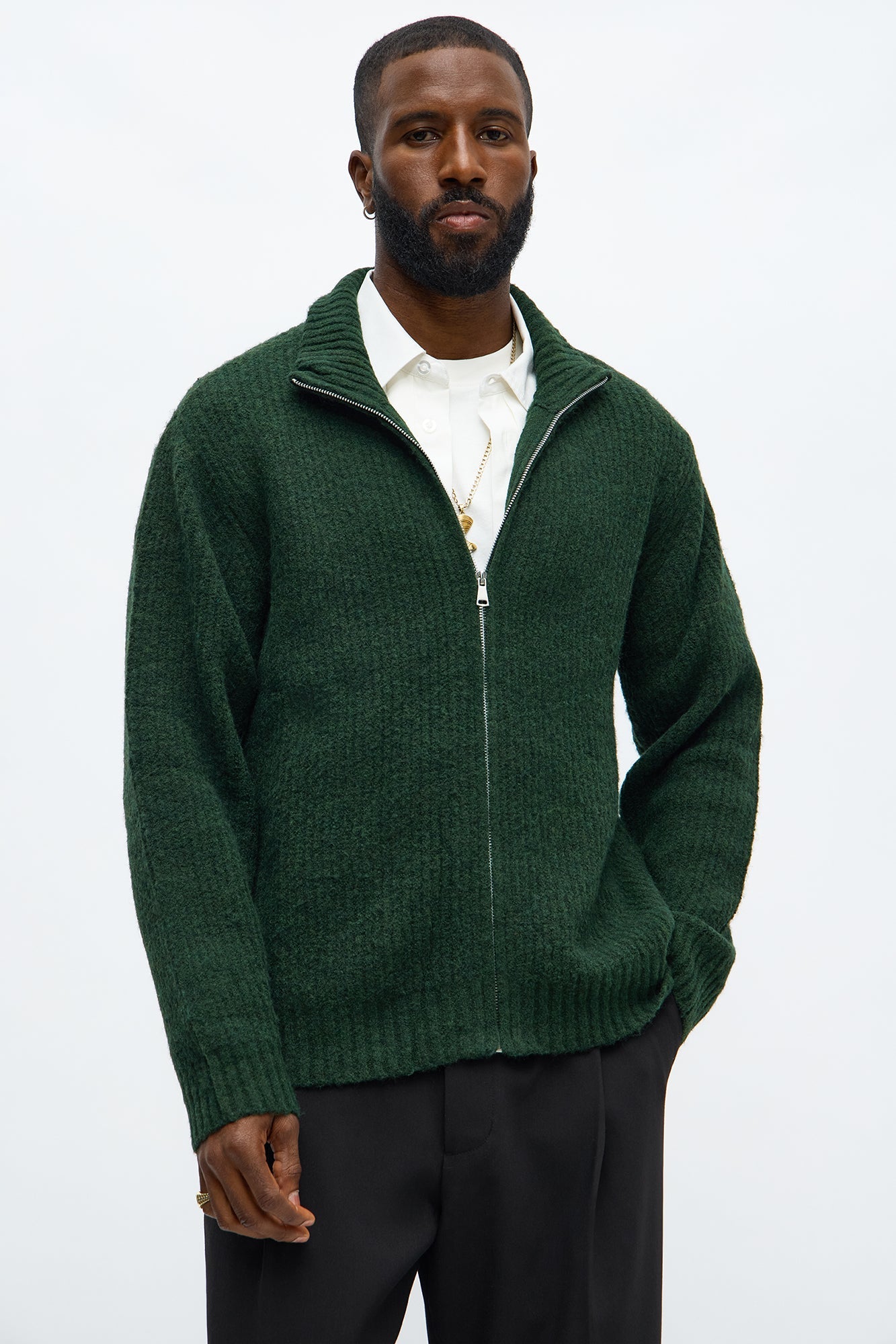 Oversized Willow Ribbed Zip Up Sweater - Olive