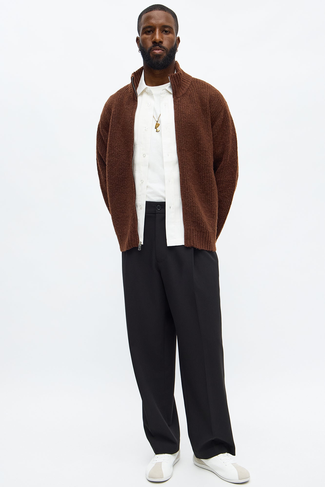 Oversized Willow Ribbed Zip Up Sweater - Brown