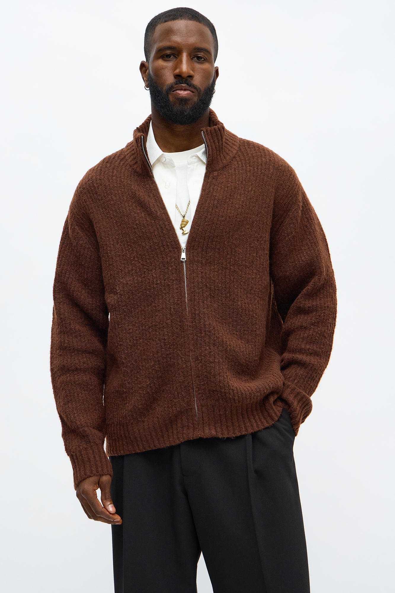 Oversized Willow Ribbed Zip Up Sweater - Brown