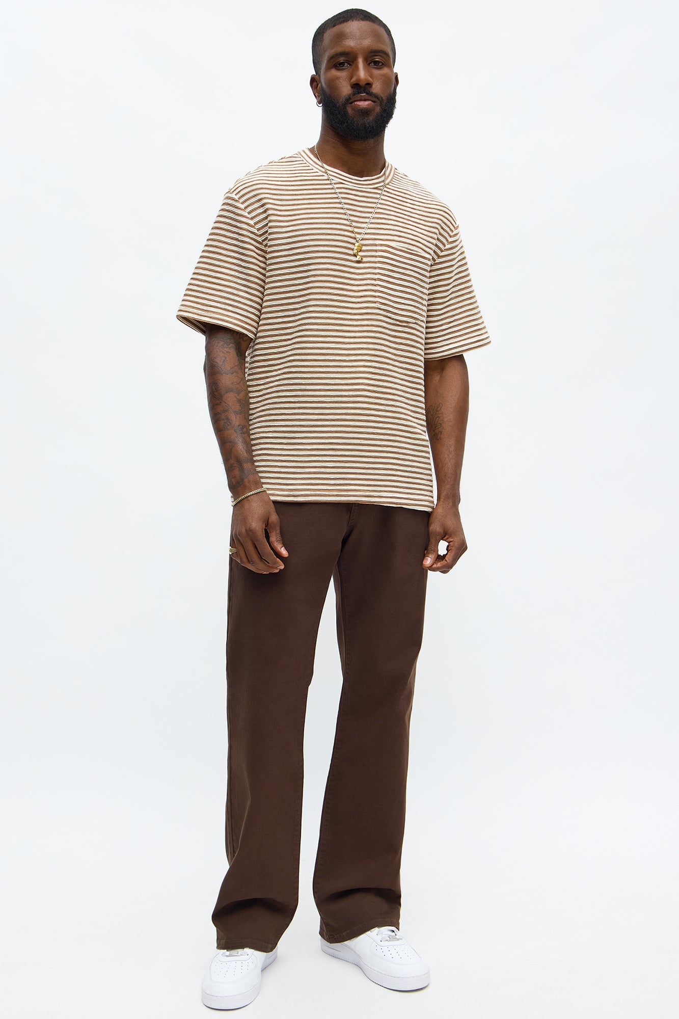 Rib Textured Stripe Relaxed Tee - Brown Combo