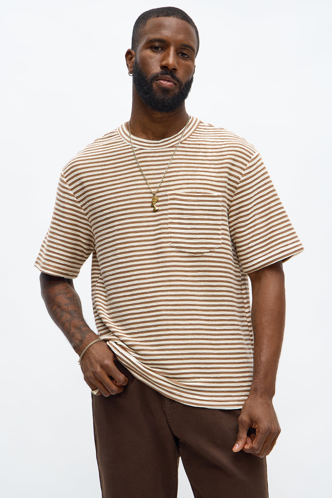 Rib Textured Stripe Relaxed Tee - Brown Combo
