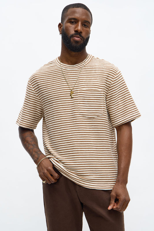 Rib Textured Stripe Relaxed Tee - Brown Combo