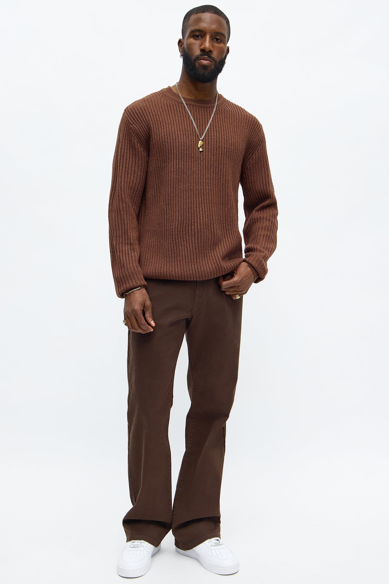 Heavy Ribbed Pullover Sweater - Brown