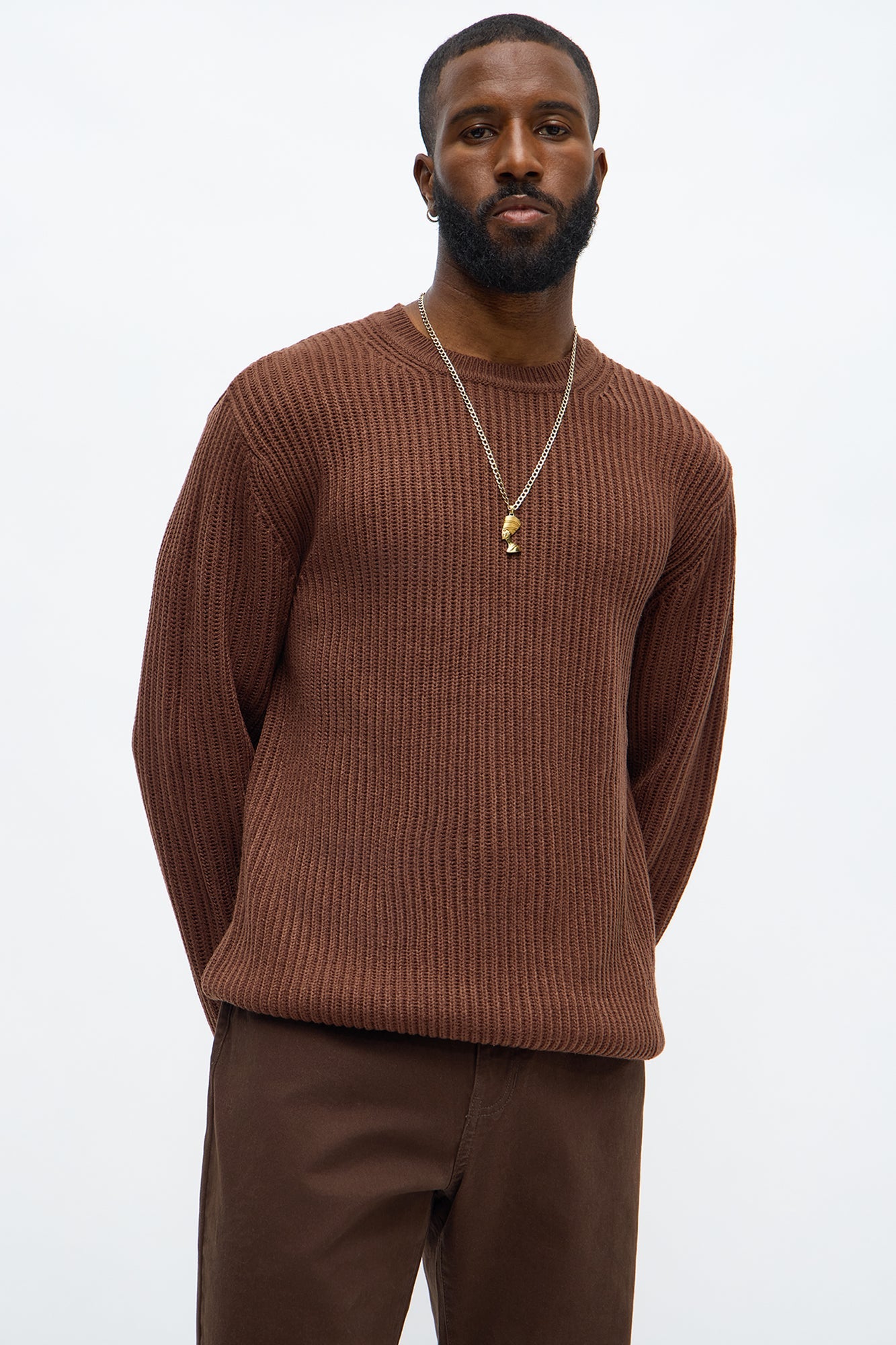Heavy Ribbed Pullover Sweater - Brown