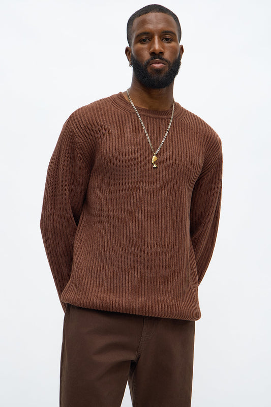 Heavy Ribbed Pullover Sweater - Brown