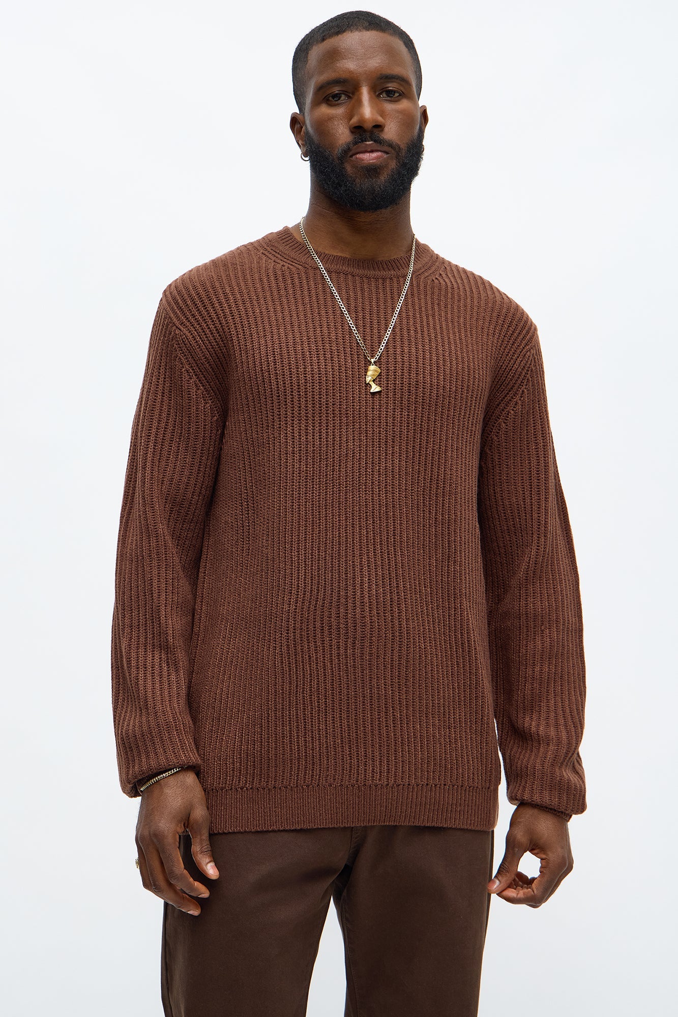 Heavy Ribbed Pullover Sweater - Brown