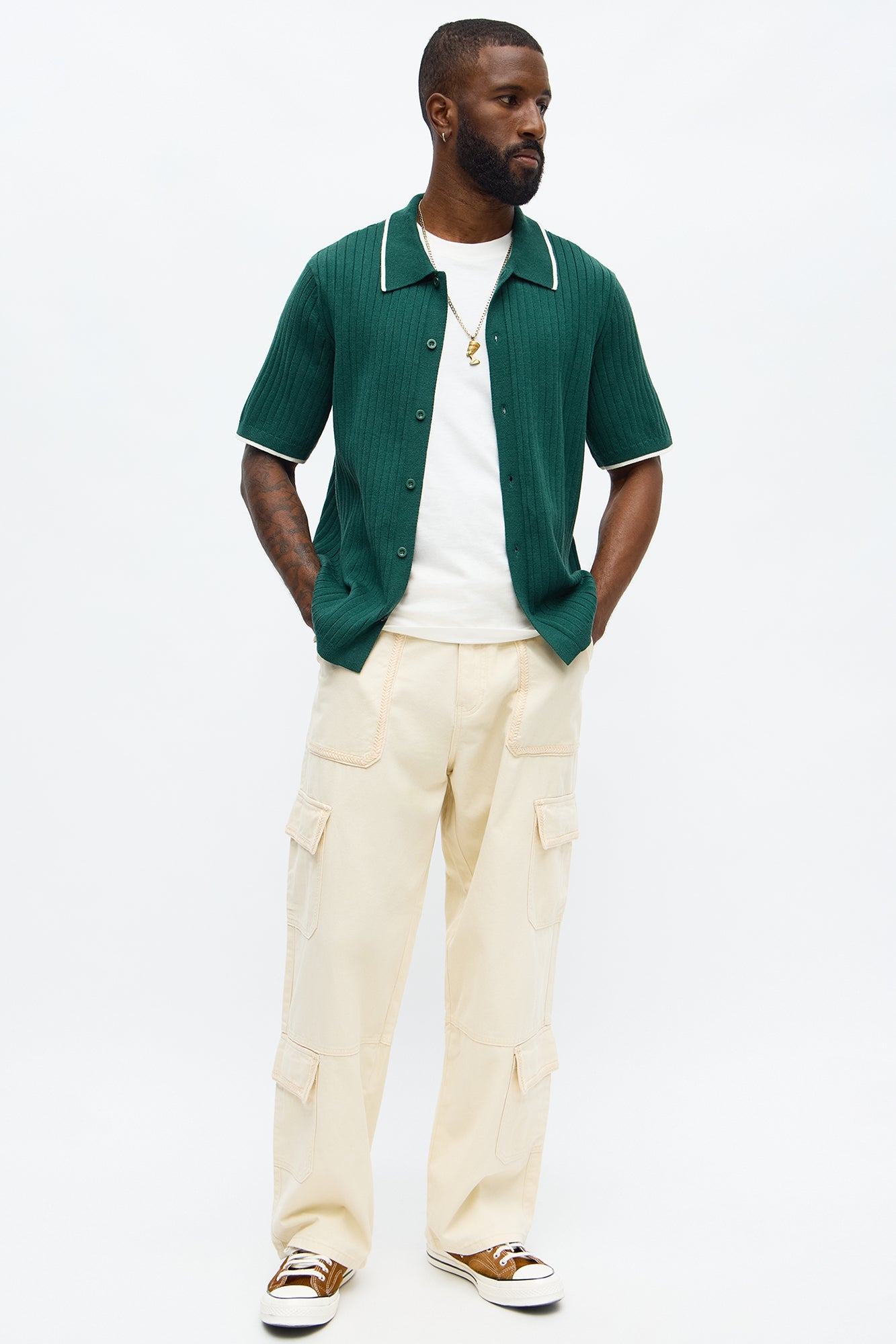 Baggy Chain Stitch Cargo Pant - Khaki