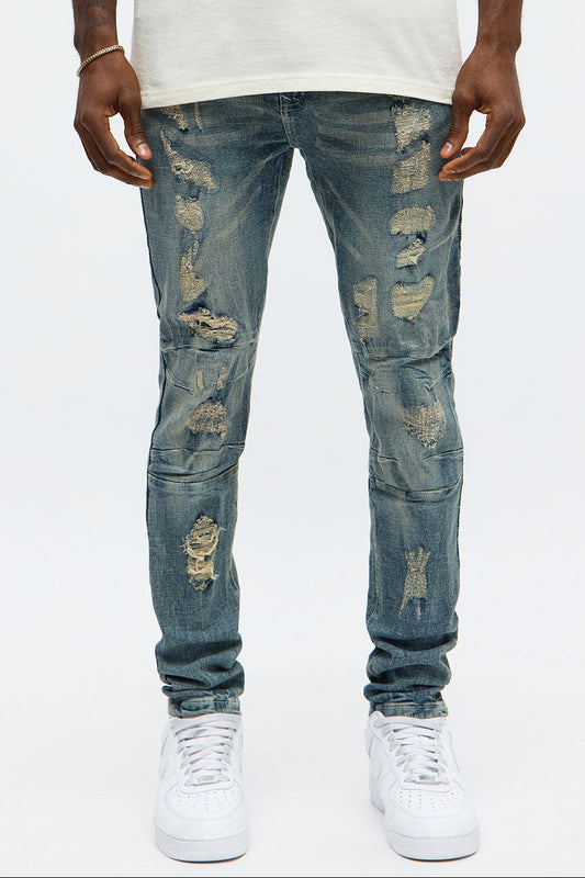 Skinny Paneled And Distressed Jean - Medium Blue Wash