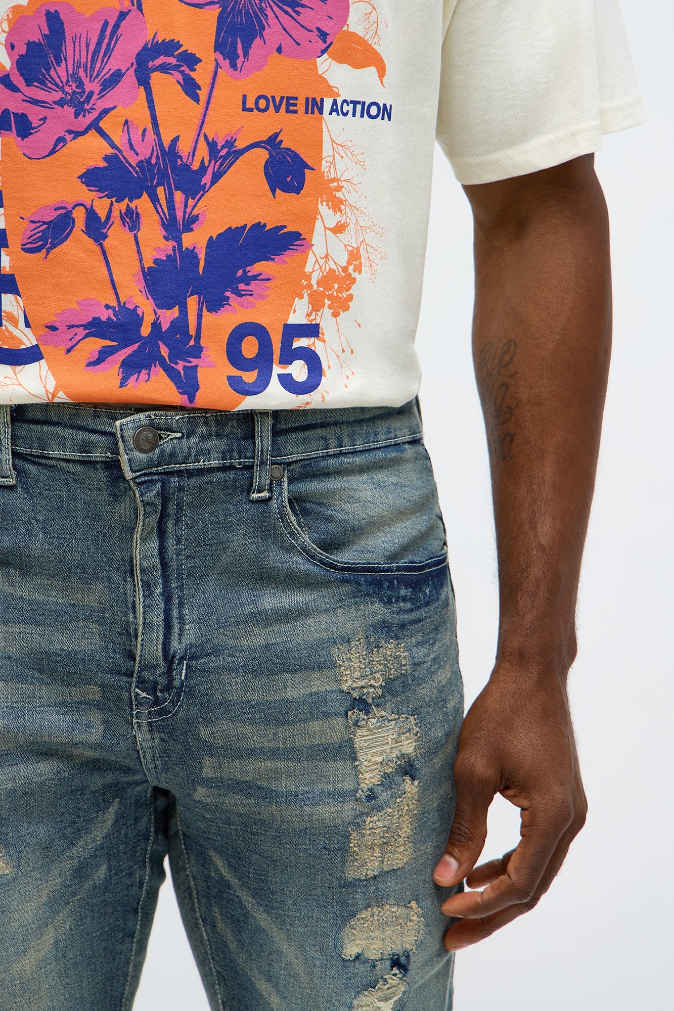 Skinny Paneled And Distressed Jean - Medium Blue Wash