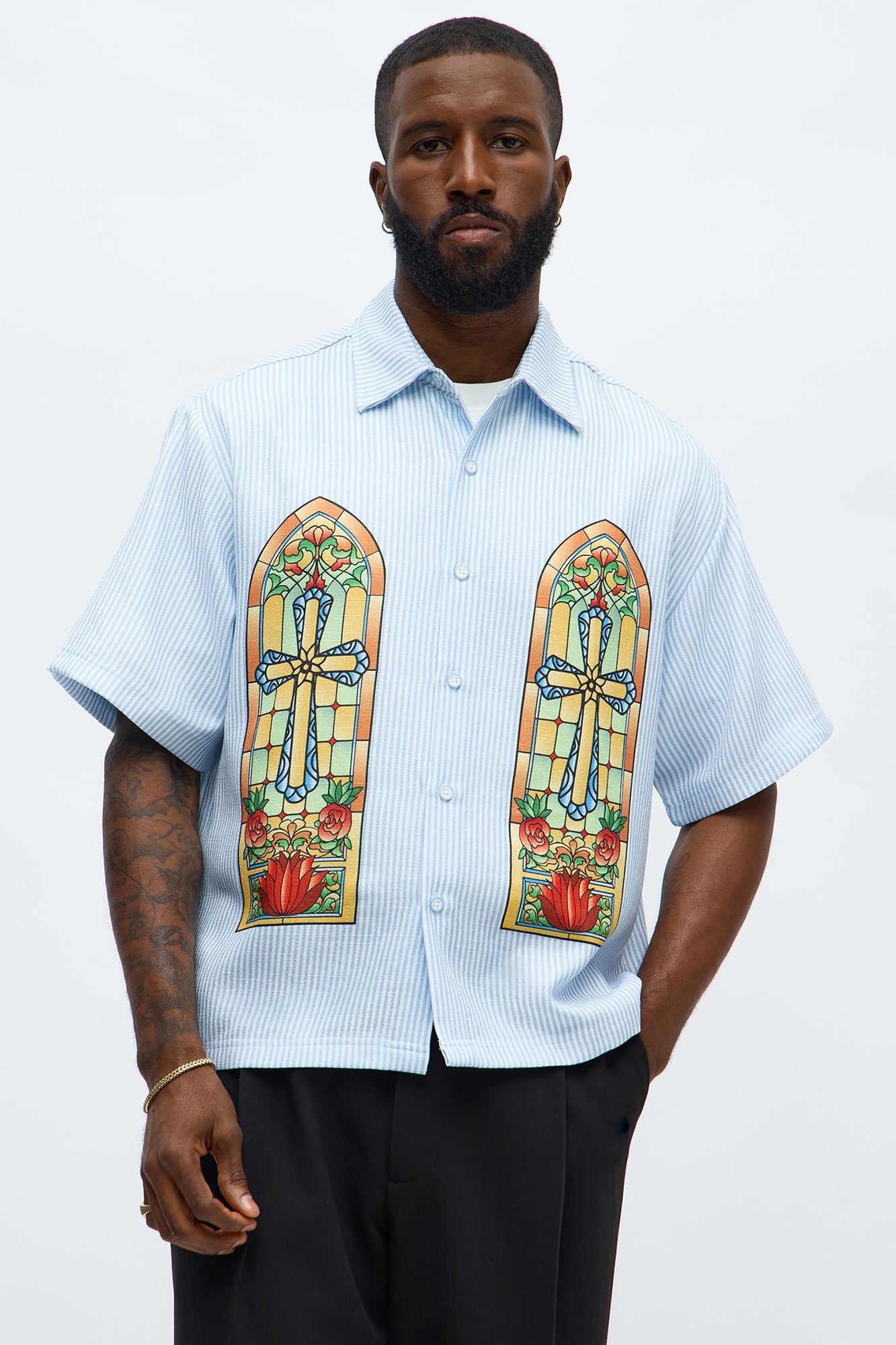 Saints Stained Glass Short Sleeve Button Up - Blue/combo