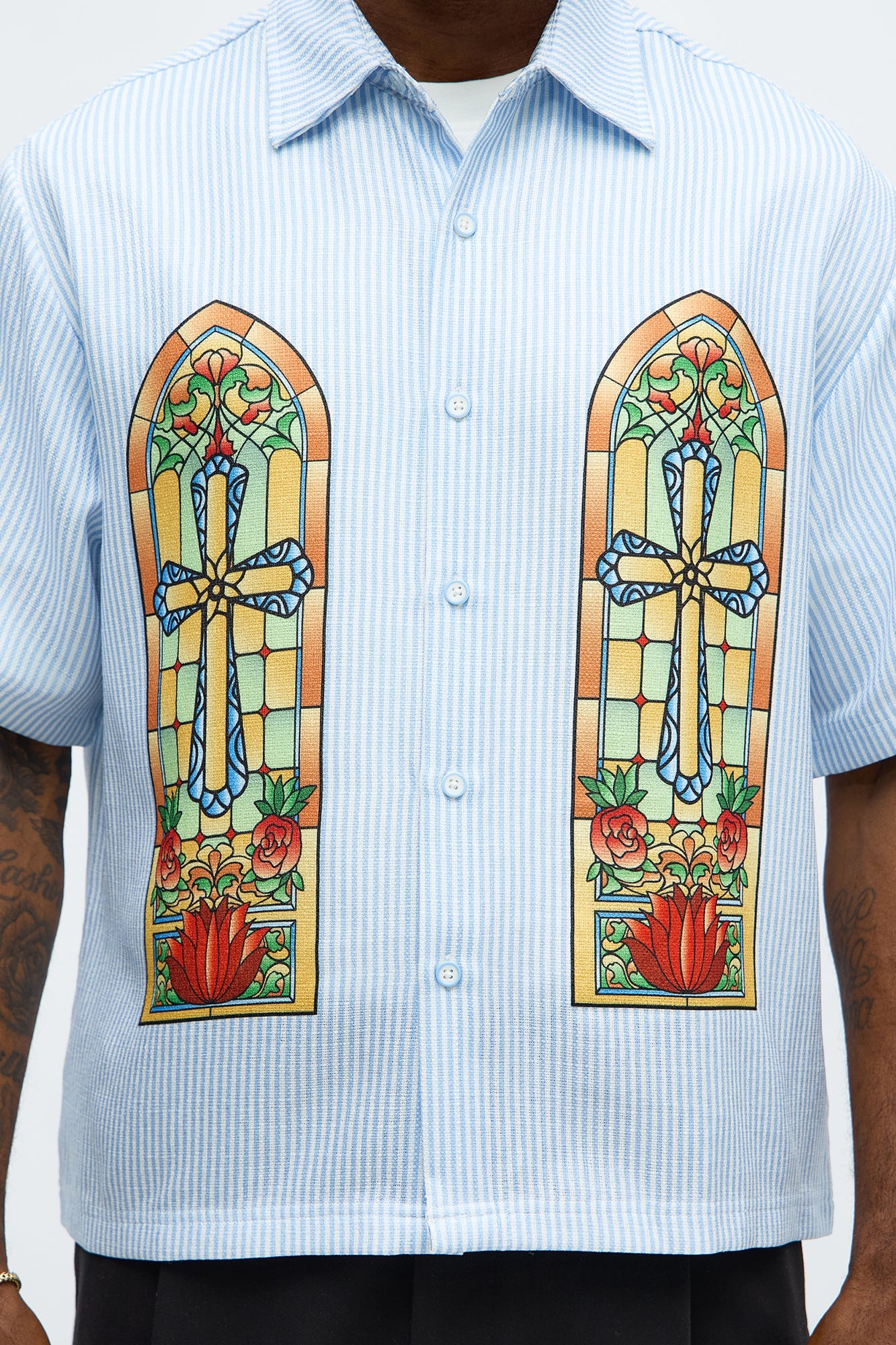 Saints Stained Glass Short Sleeve Button Up - Blue/combo