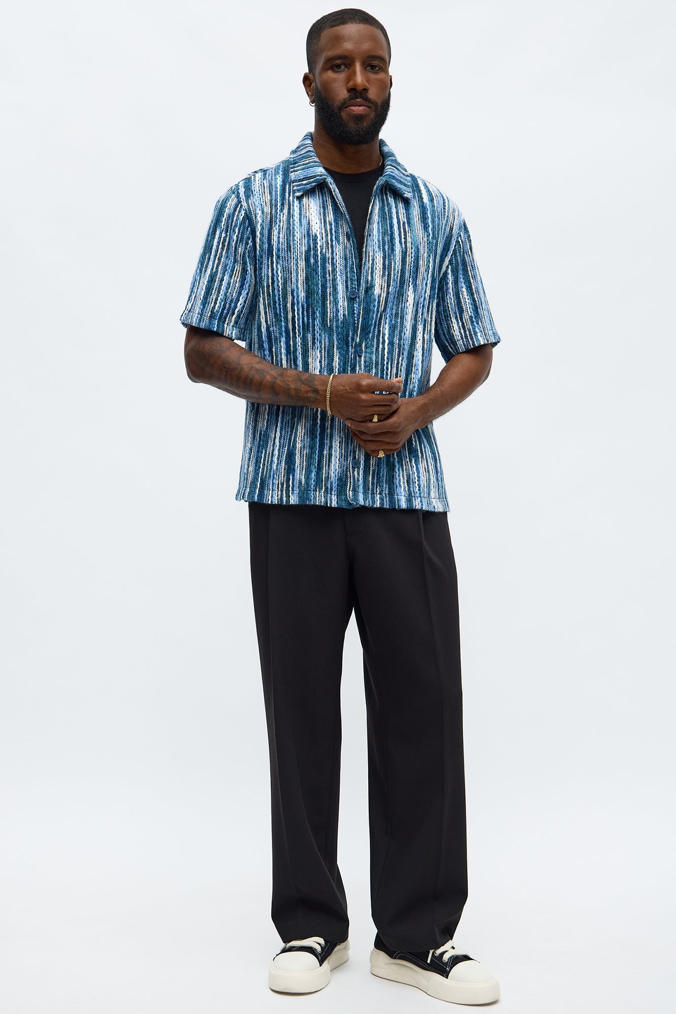 Melange Yarn Closed Closed Collar Short Sleeve Shirt - Blue/combo