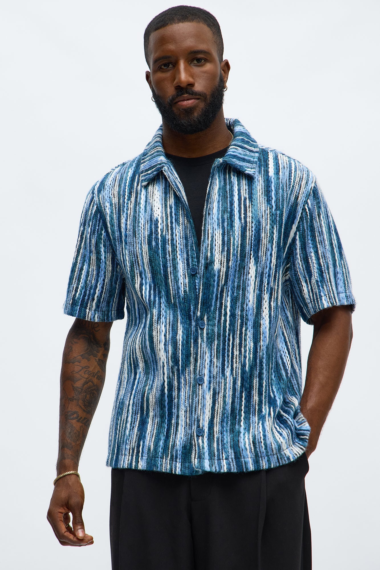 Melange Yarn Closed Closed Collar Short Sleeve Shirt - Blue/combo
