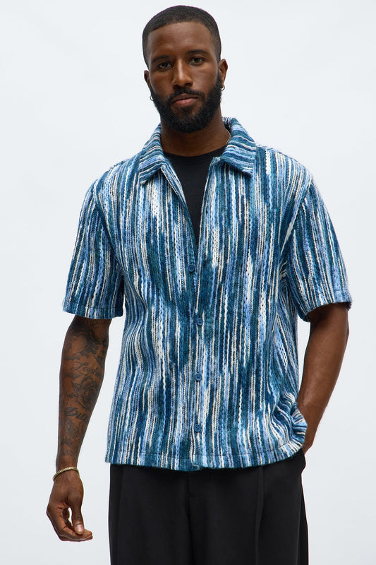 Melange Yarn Closed Closed Collar Short Sleeve Shirt - Blue/combo