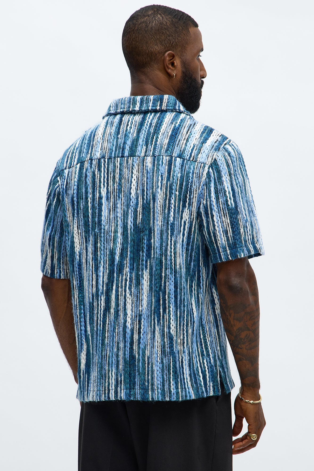 Melange Yarn Closed Closed Collar Short Sleeve Shirt - Blue/combo