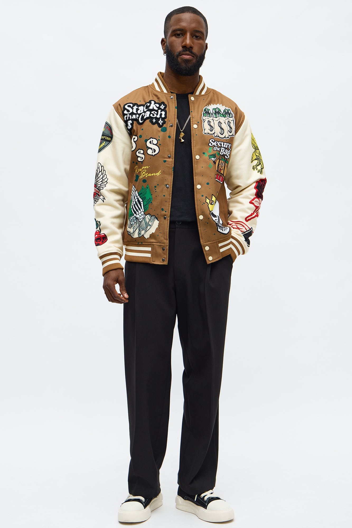 Stack The Cash Varsity Jacket - Brown