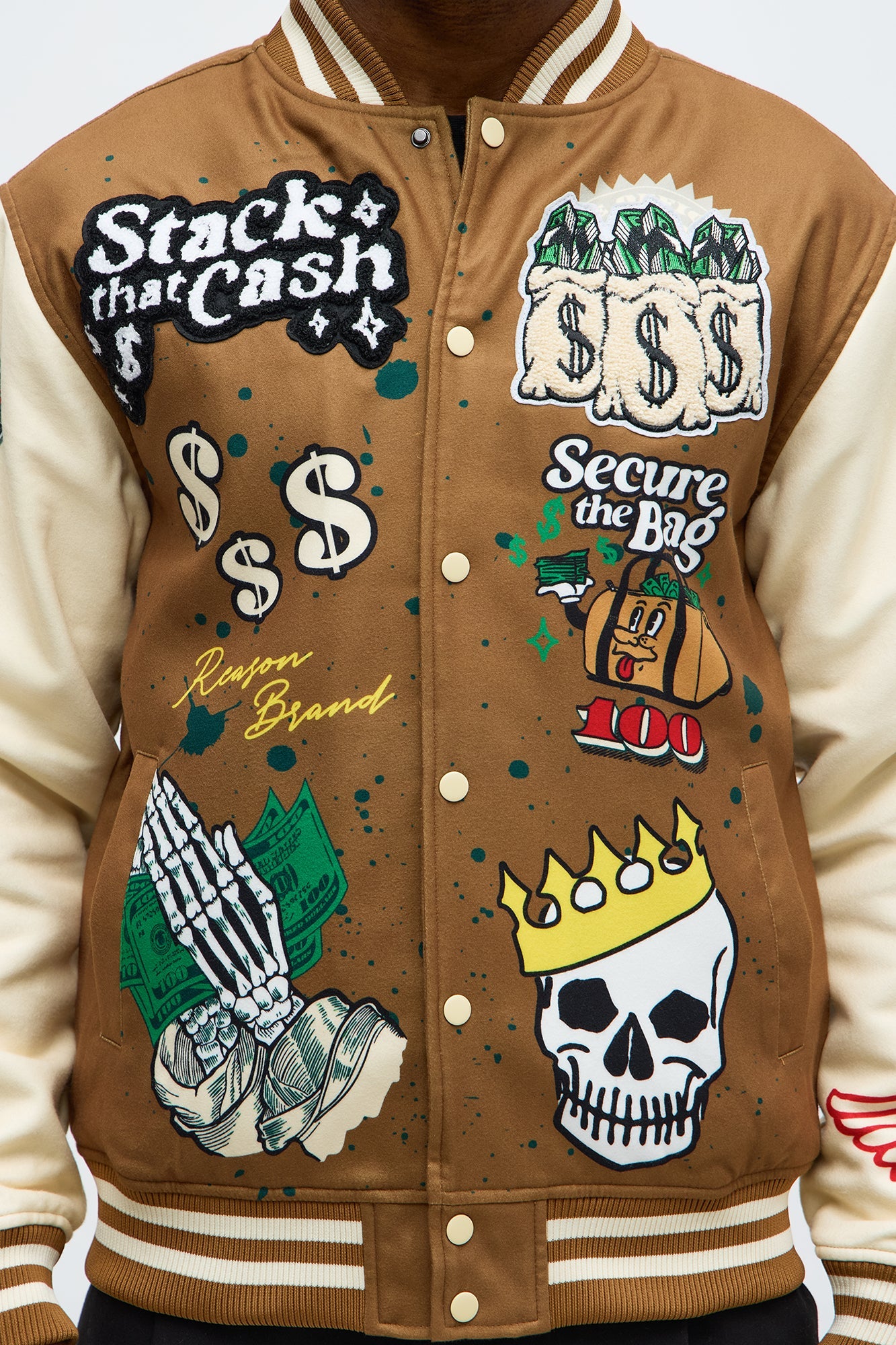 Stack The Cash Varsity Jacket - Brown