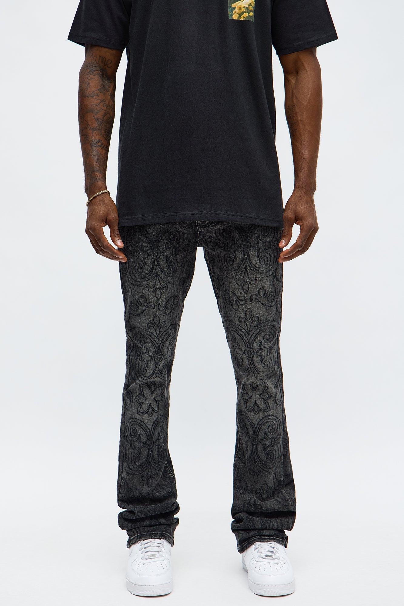 Stacked Skinny Flare Mystic Embroidered Jean - Black Wash