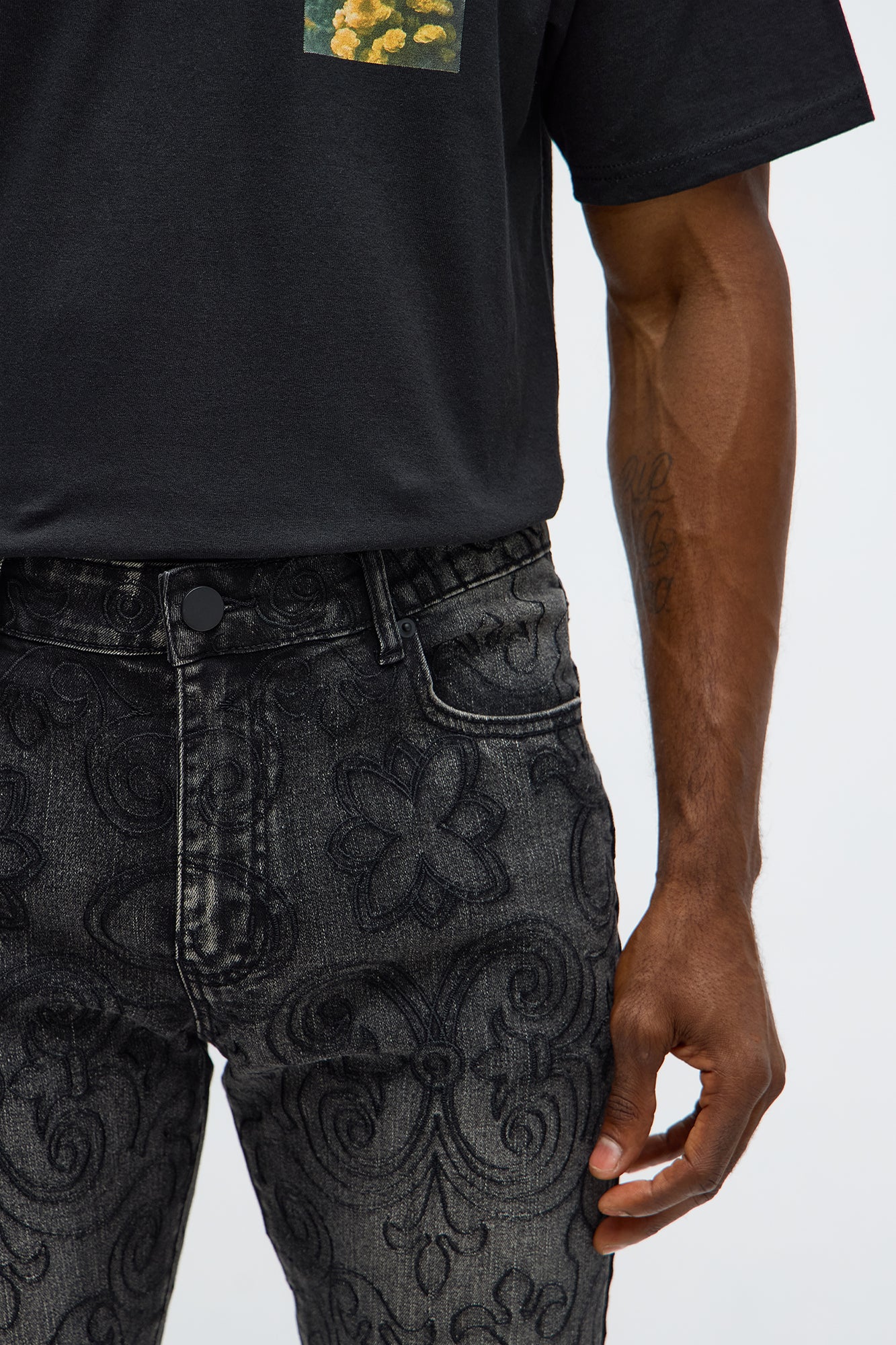 Stacked Skinny Flare Mystic Embroidered Jean - Black Wash