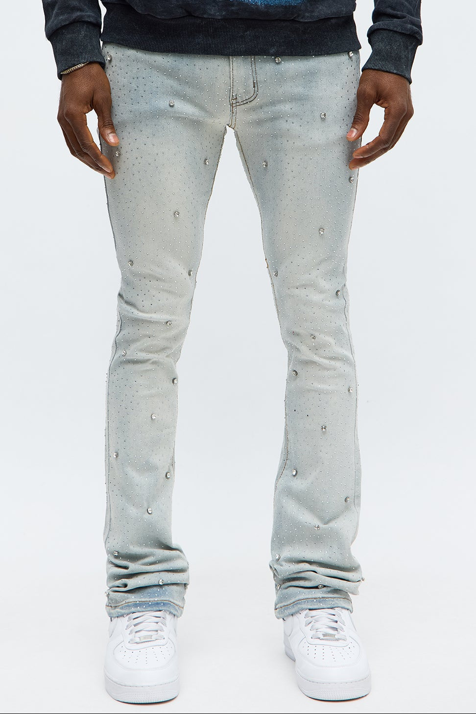 Stacked Skinny Flare Jeweled With It Jean - Light Wash