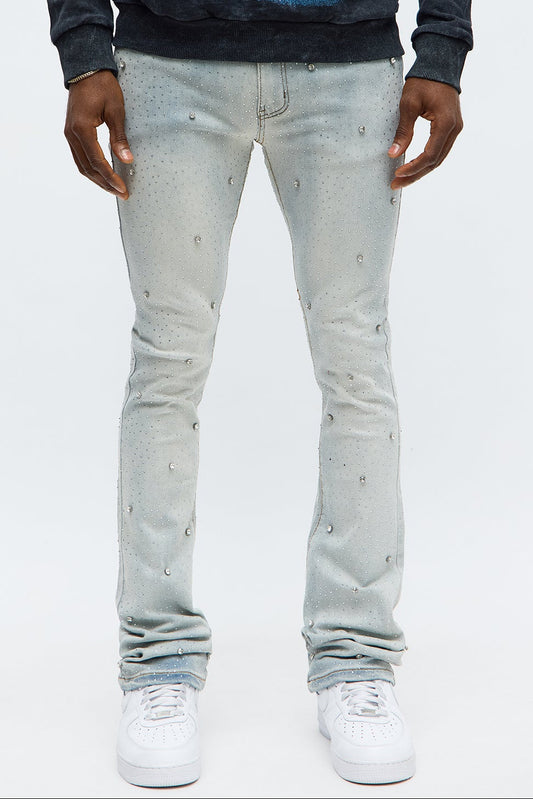 Stacked Skinny Flare Jeweled With It Jean - Light Wash