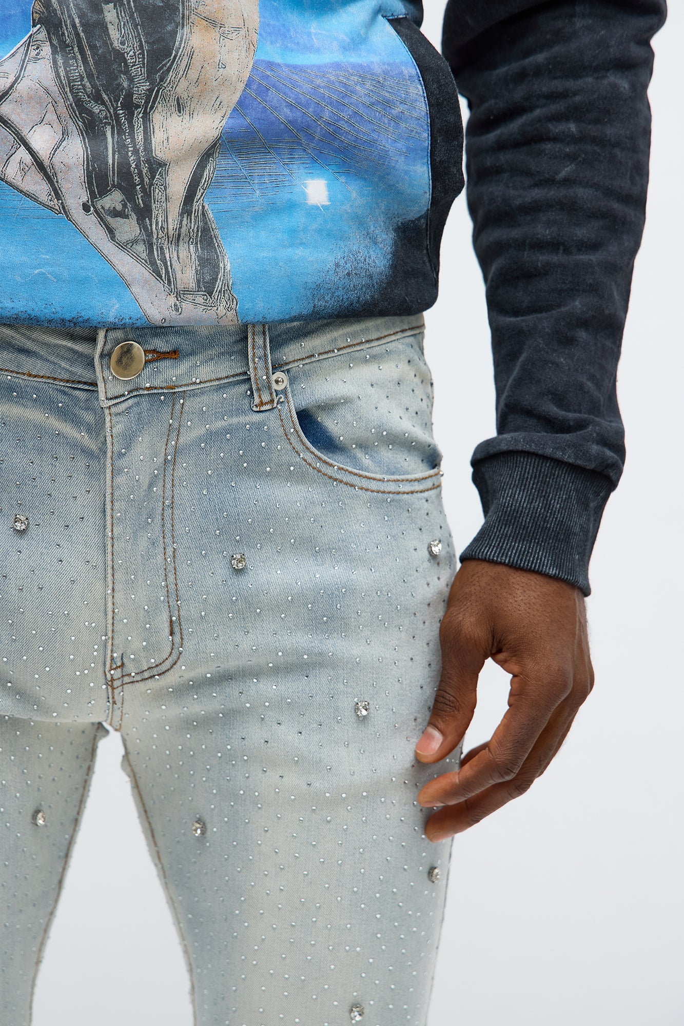 Stacked Skinny Flare Jeweled With It Jean - Light Wash