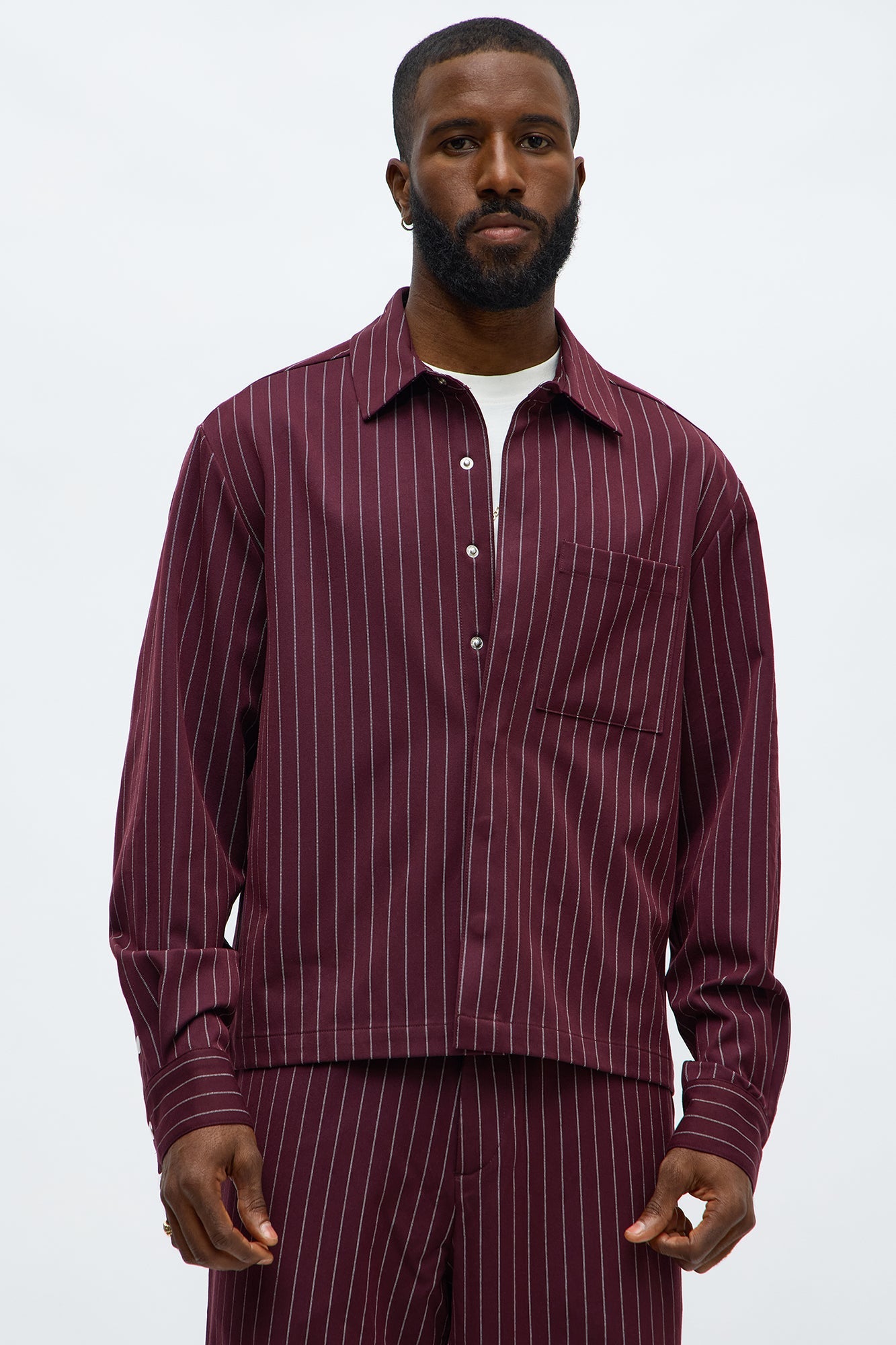 Cropped Striped Button Up Shirt - Burgundy
