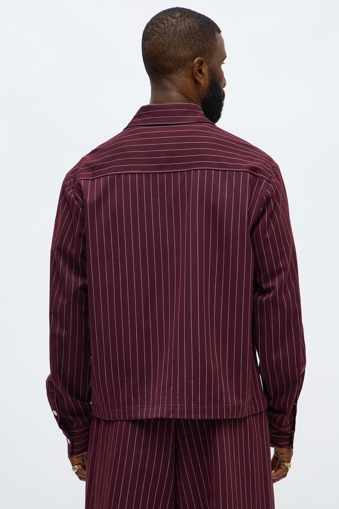 Cropped Striped Button Up Shirt - Burgundy